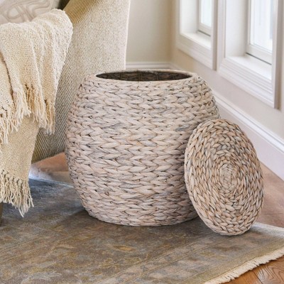 Handwoven White Wicker Round Side Table with Metal Frame