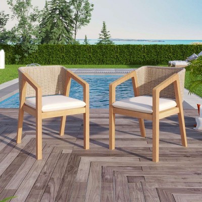 Modern Waterproof Fabric Upholstered Dining Arm Chair Set of 2,Indoor Rope Back Kitchen Dining Room Chair,Wooden Outdoor Dining Chair-Coolbibila