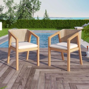Modern Waterproof Fabric Upholstered Dining Arm Chair Set of 2,Indoor Rope Back Kitchen Dining Room Chair,Wooden Outdoor Dining Chair-Coolbibila - 1 of 4