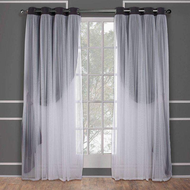 Set of 2 Caterina Layered Solid Blackout with sheer top Curtain Panels Black Pearl - Exclusive Home, 3 of 11