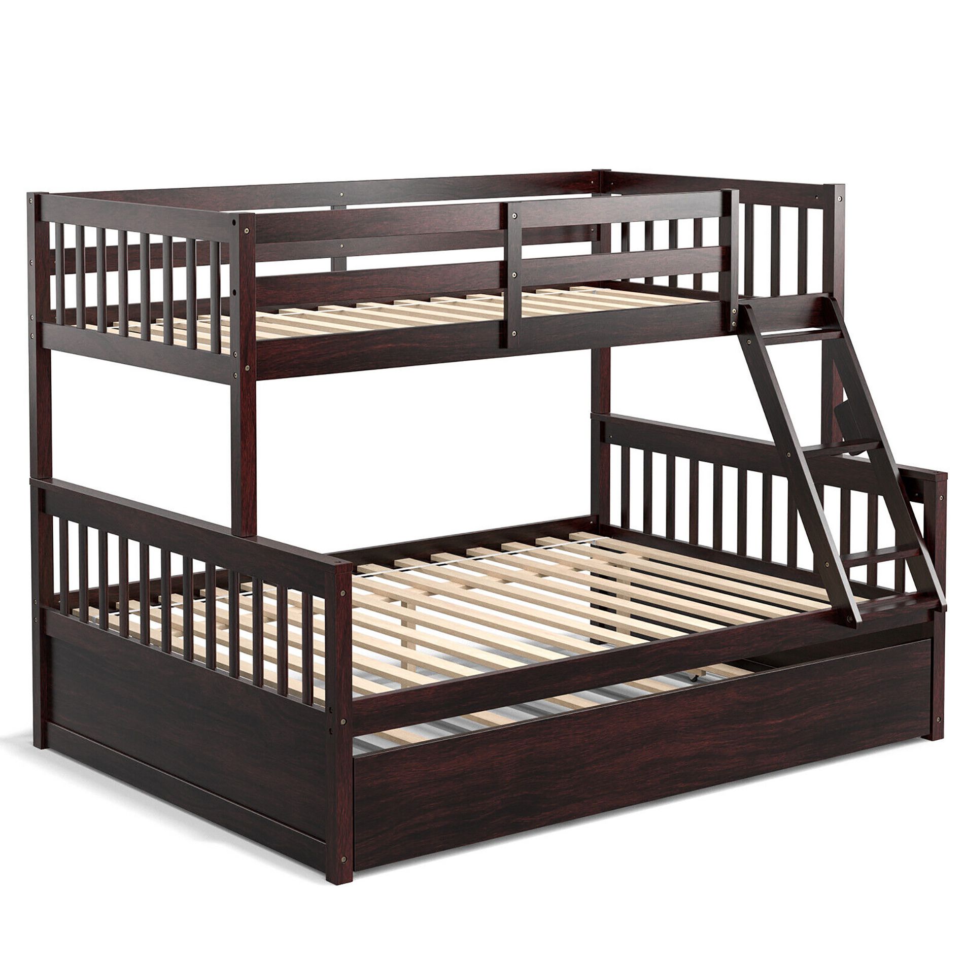 Tangkula Twin Over Full Bunk Bed with Twin Trundle Convertible Platform Bed Espresso