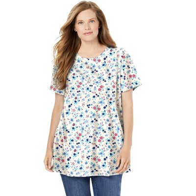 Woman Within Plus Size Perfect Printed Short-Sleeve Crewneck Tee