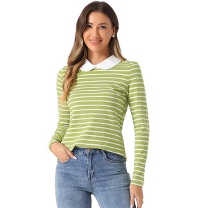 INSPIRE CHIC Women's Long Sleeves Contrast Peter Pan Collar Striped Blouse Top - 1 of 4