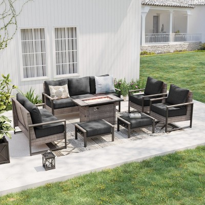 Sonkuki Patio Sofa Set with 45'' Fire Pit Table, All-Weather PE Rattan Wicker Patio Conversation Couch with Cushion