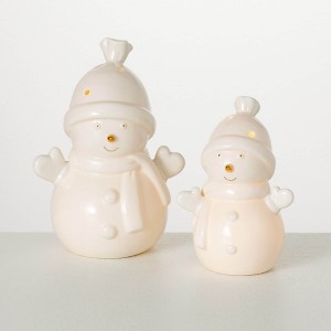 6"H and 7.5"H Sullivans LED Porcelain Snowmen - Set of 2, White - 1 of 4