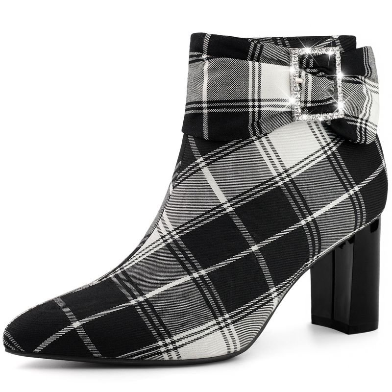 Perphy Women's Plaid Pointy Toe Rhinestone Bow Zipper Chunky Heels Ankle Boots, 1 of 4