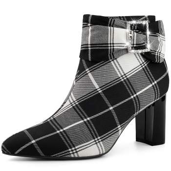 Perphy Women's Plaid Pointy Toe Rhinestone Bow Zipper Chunky Heels Ankle Boots