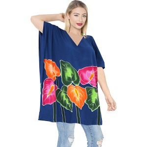 LA LEELA Women's Swim Vacation Beachwear Oversized Swim Suit Cover Up Bikini Vacation Party 1X-2X Blue, Leaf - 1 of 3