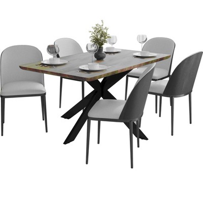 LeisureMod Ravenna 6-Piece Dining Set - 63" Rectangular MDF Wood Dining Table, 5 Leather Dining Chairs