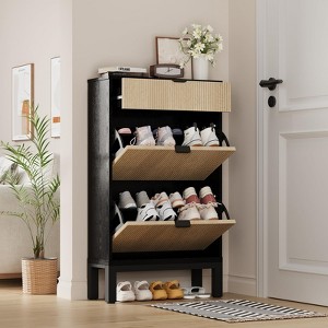 Fluted Shoe Cabinet with 2 Flip Doors & 1 Drawer, Slim Freestanding Organizer with Iron Legs, Hidden Shoe Storage for Hallway - 1 of 4