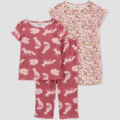 Image of Carter's Just One You® Toddler Girls' 3pc Short Sleeve Fox and Floral Gown Pajama Set - Pink 18M