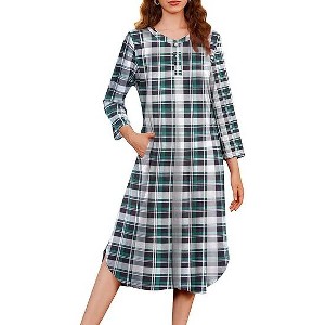 Ekouaer Womens Long Nightgowns Plaid Sleepwear Soft Loose Nightshirt 3/4 Sleeve Plus Size Housecoat with Button & Pockets - 1 of 4