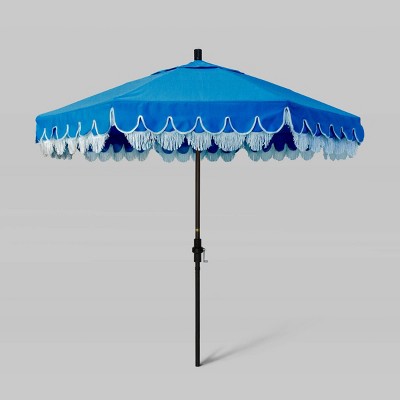 9' Sunbrella Scallop Base and Fringe Market Patio Umbrella with Collar Tilt - Bronze Pole - California Umbrella