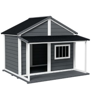 Outdoor Dog House Cabin Styleen Raised Pet Kennel with Asphalt Roof, Front Door, Side Window, Porch for Medium and Large Dogs - 1 of 4