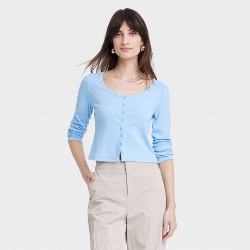 Women's Slim Fit Long Sleeve Button-front T-shirt - A New Day™ Light Blue L  : Target
