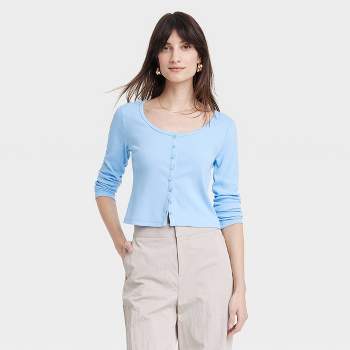 Women's Slim Fit Long Sleeve Button-Front T-Shirt - A New Day™ Light Blue S
