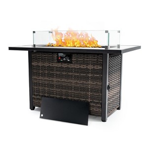 Gulches 44" Propane Fire Pit Table - 50,000 BTU, Wicker Base & Tempered Glass Top, Lid/Glass Wind Guard, Push-Button Ignition - 1 of 4