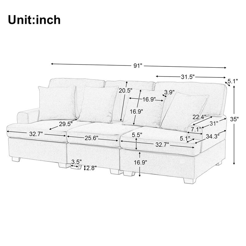 Modern Upholstered 3-Seat Sofa with 4 Pillows-ModernLuxe, 3 of 10
