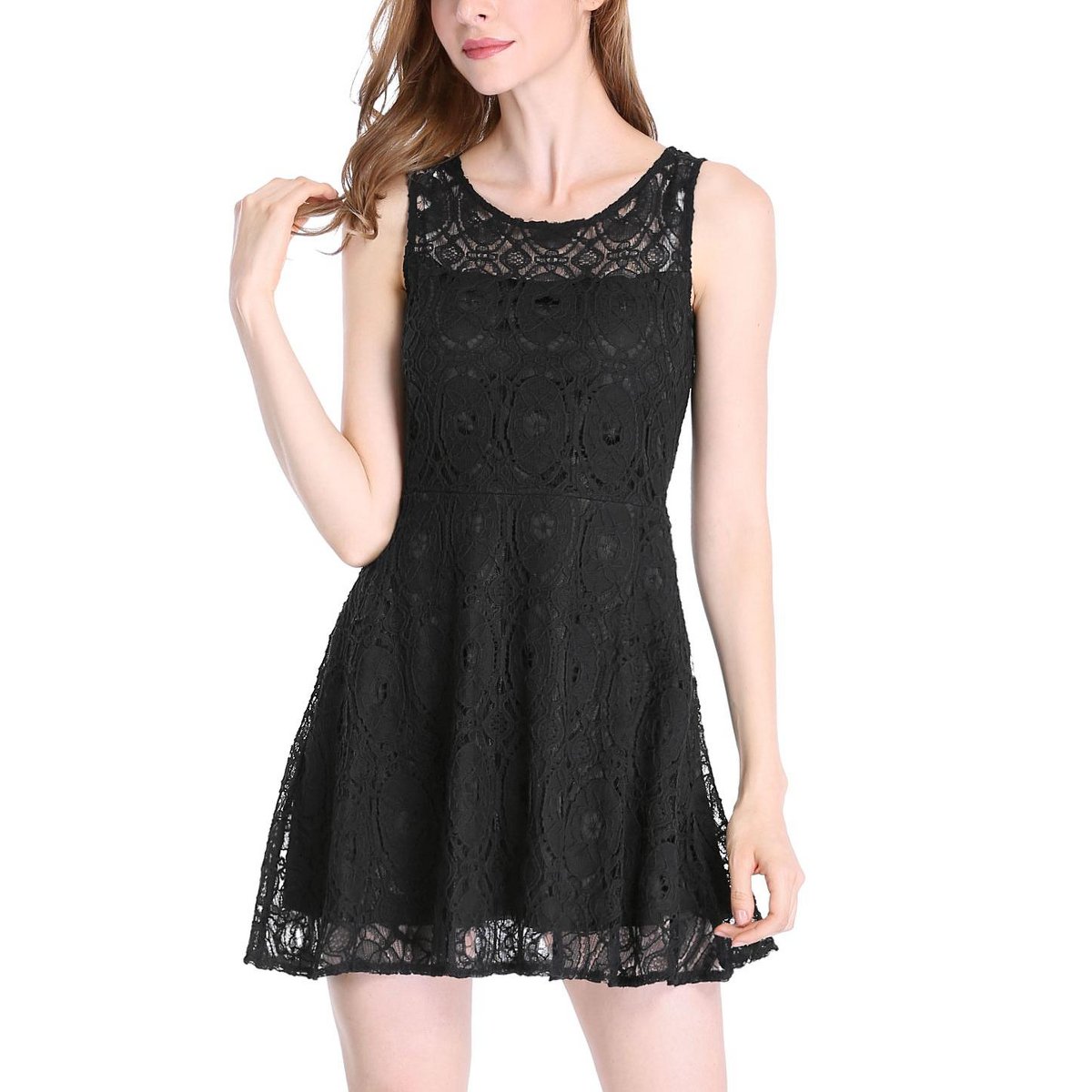 Женские платья INSPIRE CHIC Women's Round Neck Sleeveless Floral Lace Mini Dress X-Small Black — фото 2