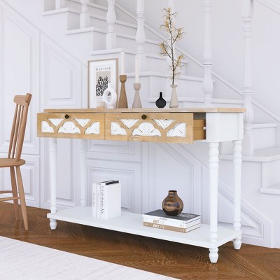NicBex Console Table with 2 Drawers and 1 Open Bottom Storage Shelf,Entryway Table with Round Knobs,Modern Couch Table for Living Room,Natural+White