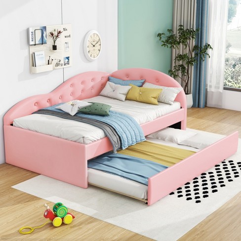 NicBex Twin Size Upholstered Daybed 79" L Modern Wooden Bed Frame with Trundle for Bedroom, Living Room, No Box Spring Required, Space Saving, Pink - image 1 of 4