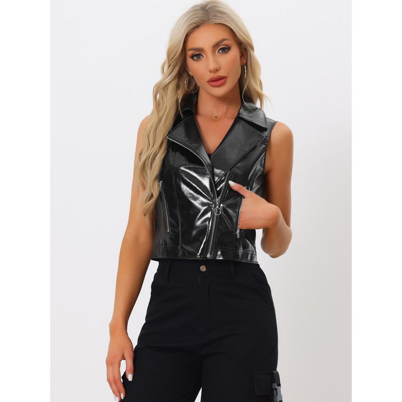 Allegra K Women's Metallic Faux Leather Lapel Collar Zip Sleeveless Cropped Vest, 3 of 6