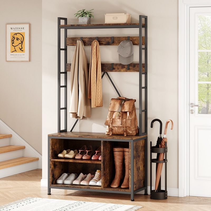 Whizmax Hall Tree with Bench Coat Rack Freestanding 5 in 1 Industrial Shoe Bench with 3 Storage Cubbies and 8 Hooks Entryway Coat Rack, Brown, 4 of 9