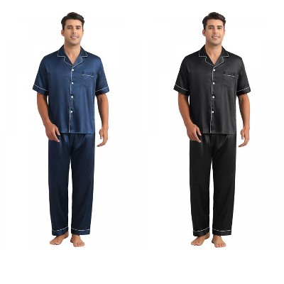 INSPIRE CHIC Men's 2 Pack Satin Pajamas Sets Classic Short Sleeve Sleepwear