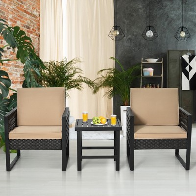 Costway 3pcs Patio Rattan Bistro Furniture Set Cushioned Sofa Chair ...