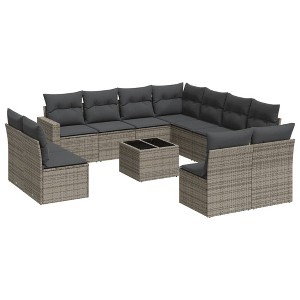 vidaXL 12 Piece Patio Sofa Set with Cushions Gray Poly Rattan - With Table - 1 of 4