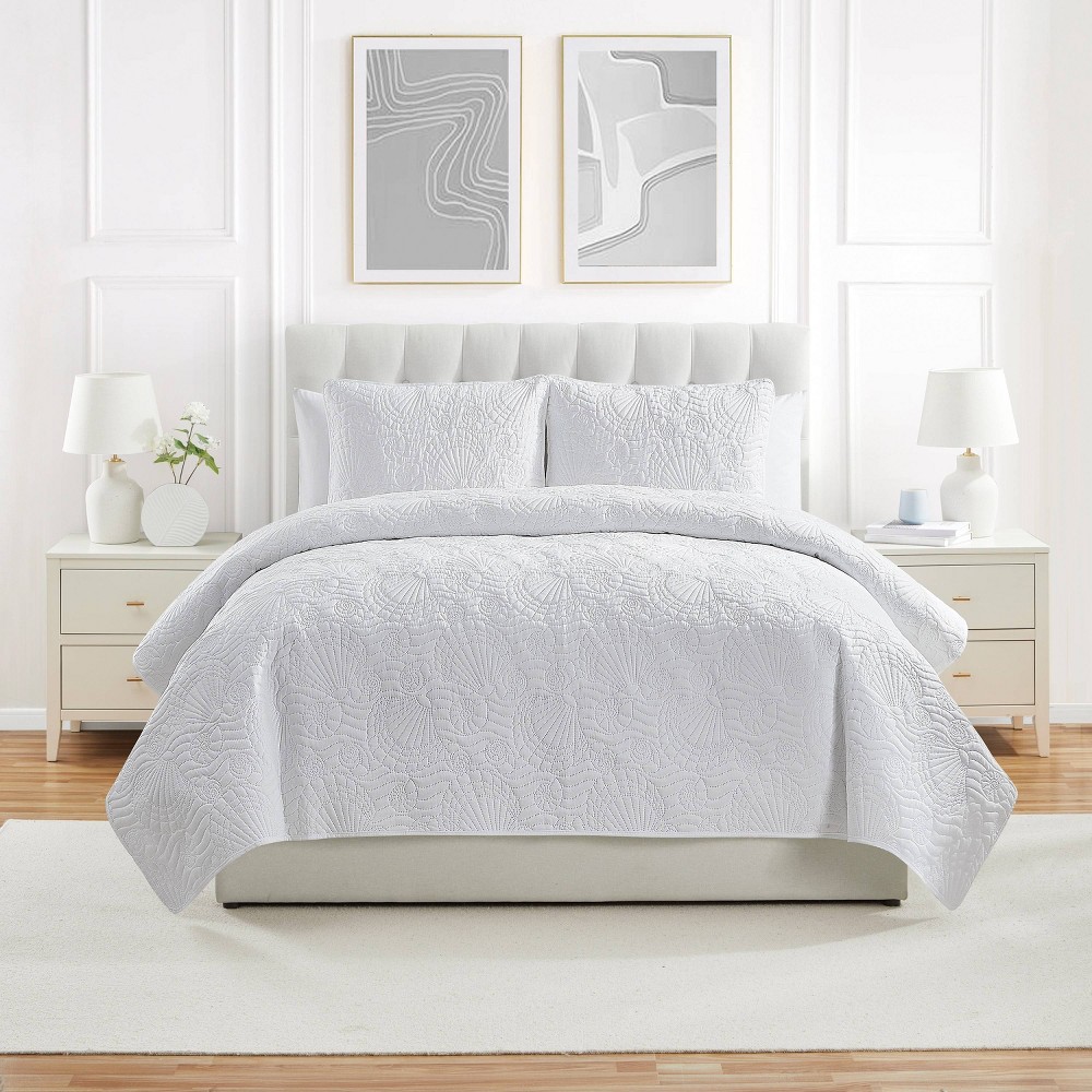 Photos - Bed Linen VCNY 3pc King Ocean Pinsonic Quilt Set White: Hypoallergenic Nautical Bedding, Lightweight Microfiber, Seashell Pattern