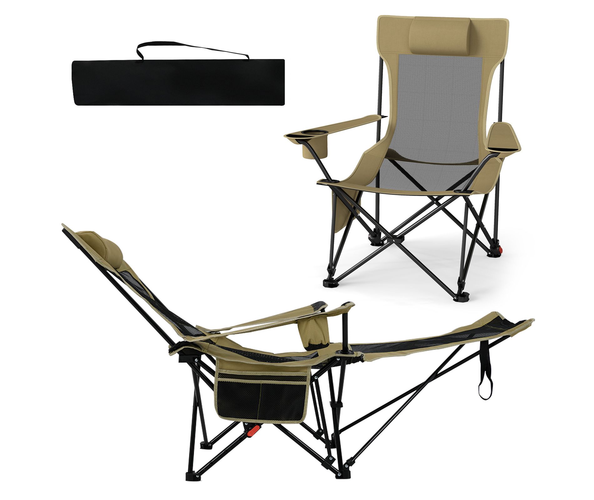 Tangkula Reclining Camping Chair 2 in 1 Potable Folding Chair w/ Removable Footrest 4-Position Adjustable Backrest Cup Holder & Side Pocket Carry Bag