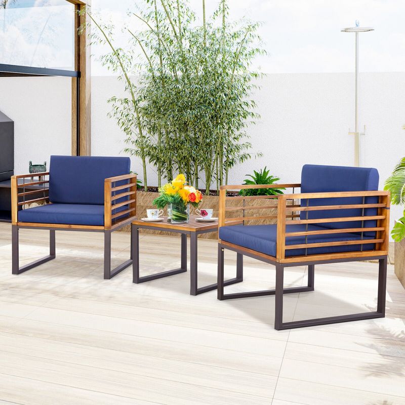 Tangkula 3PCS Acacia Wood Patio Bistro Set Outdoor Conversation Furniture Set w/ Navy Cushions, 2 of 7