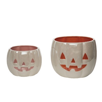 Transpac Dolomite 10.25 in. White Halloween Iridescent Nesting Pumpkin Snack Bowls Set of 2