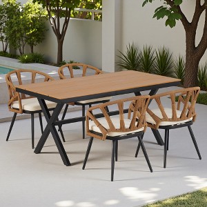 5-Piece Outdoor Patio Iron Dining Set with Rectangular Table and 4 Rope Art Cushioned Chairs - 1 of 4
