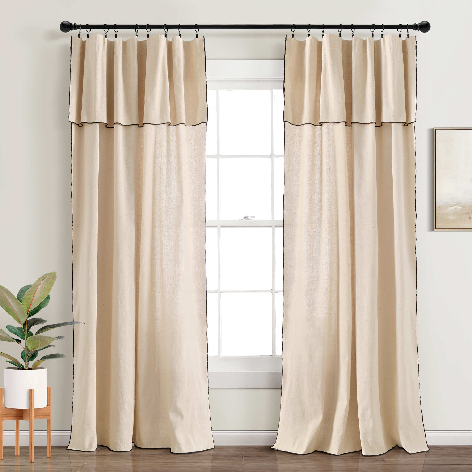 Lush Decor Modern Faux Linen Embroidered Edge With Attached Valance Window Curtain Panels Dark Linen 52X84 Set