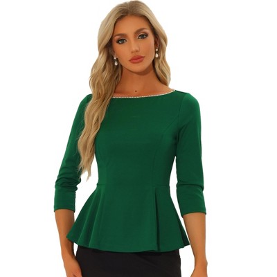 Allegra K Women's Round Neck Pearl Decor 3/4 Sleeves Elegant