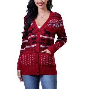 Women's Christmas Chunky Knit Cardigan Sweater Long Sleeve V Neck Button up Cardigan with Pocket Sweater Coat for Fall and Winter - 1 of 4