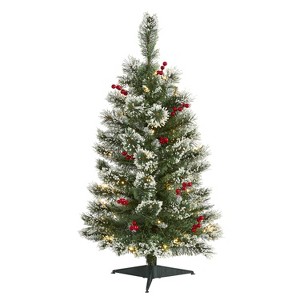 3ft. Frosted Pine Artificial Christmas Tree with 50 Clear LED Lights & Berries – Compact Festive X-Mas Décor - 1 of 4