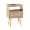 Nightstand with Charging Station, Rattan Side End Table, 15.75" Natural Wood Bedside Accent Table with Storage with Drawer, USB Ports for Living Room - 4 of 4