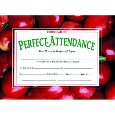 Hayes Perfect Attendance Certificate, 11 x 8-1/2 inches, Paper, pk of 30