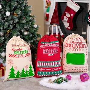 Joyfy 3 Pcs Christmas Canvas Gift Bag, 26" x 19" Drawstring Santa Burlap Sack Large Gift Bags for Christmas Gift Package Party Favors Hoilday Decor - 1 of 4