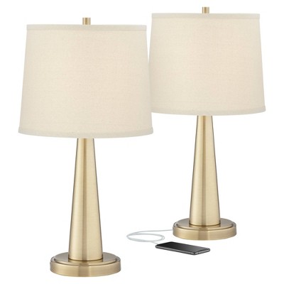 360 Lighting Modern Table Lamps Set of 2 with Hotel Style USB Charging Port Brass Beige Tapered Drum Shade for Living Room Family Bedroom