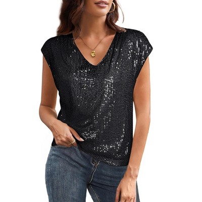 Womens V Neck Glitter Sequins Shirts Tops Cap Sleeve Modest Club Tops Sequins Party Shirts Party Tee Blouse Tops for Party