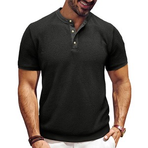 Mens Waffle Henley T-Shirts Slim Fit Short Sleeve Textured T Shirts Waffe Knit T Shirts Basic Summer Tops Front Button T-Shirt - 1 of 4