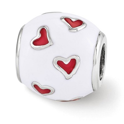 Black Bow Jewelry Sterling Silver, White & Red Enamel Heart Barrel Bead Charm