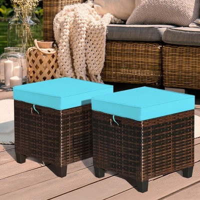 Turquoise Cushioned Rattan Patio Ottoman Set with Steel Frame