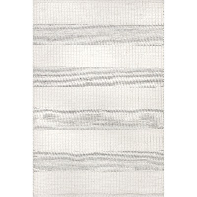 Ivory and Gray Striped Handmade Wool Area Rug 5x8
