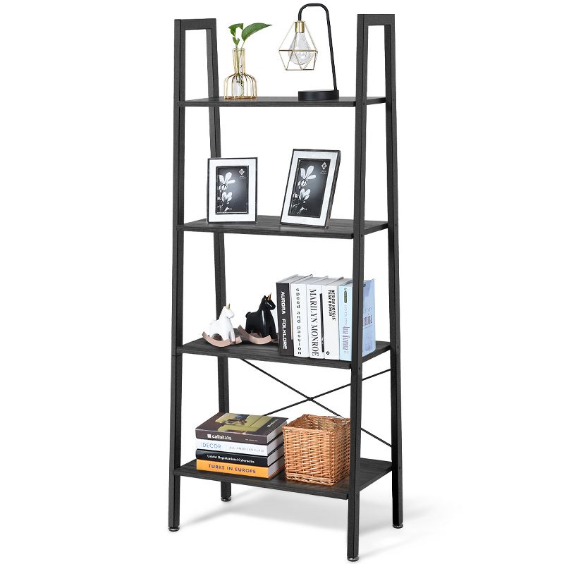 Costway 4-Tier Wood Ladder Shelf Ladder Bookcase Bookshelf Display Rack, 1 of 9