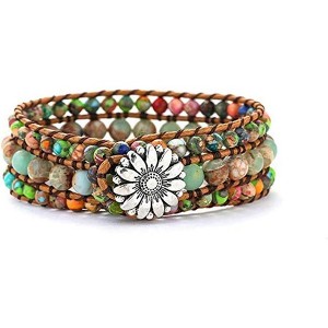 Boho Handmade Natural Stone Bead Bracelet, 3-Row Wide Wrap Wrist Statement Jewelry for Women - 1 of 4